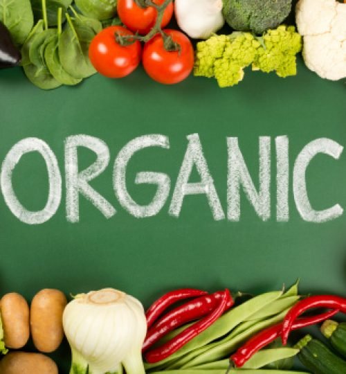 organic vegetables on the blackboard background